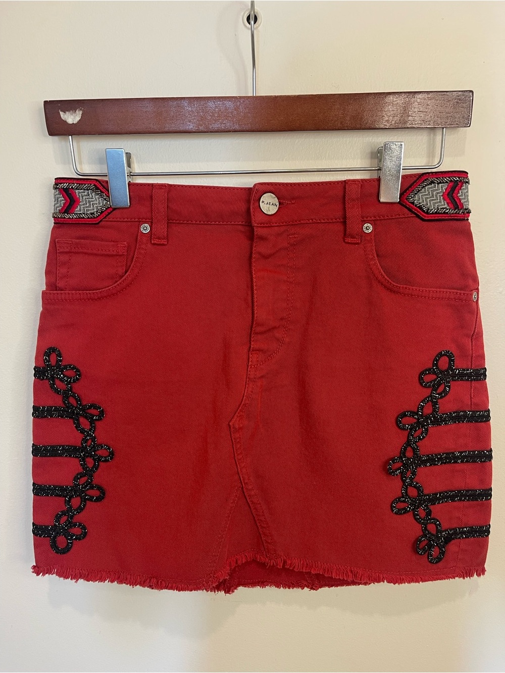 P. Jean- Italian designer - Red Embellished Mini Skirt - denim miniskirt